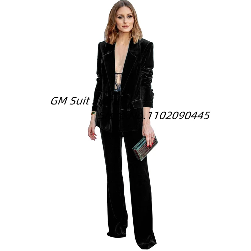 Women's Velvet 2 Pieces Pant Suits Double Breasted Wedding Groom Tuxedos Fashion Blazer Jacket Pants