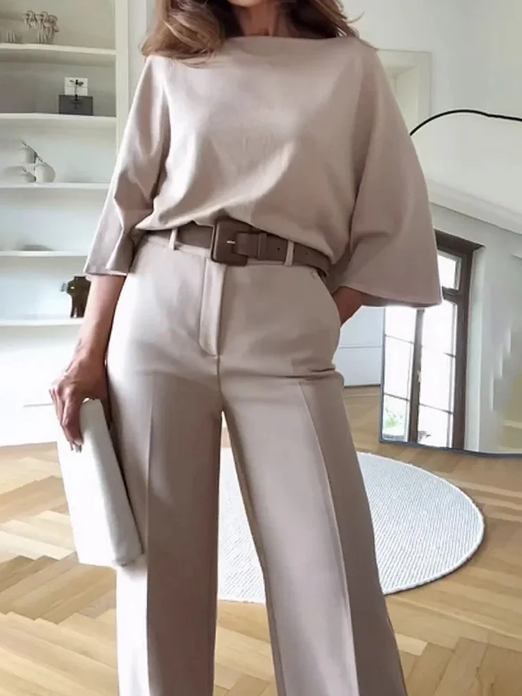 Deioao Office 2-piece Set Tops And Pants For Women\'s Summer Halft Sleeve Beige Slim Elegant Fashion Female Clothing Wide Pant