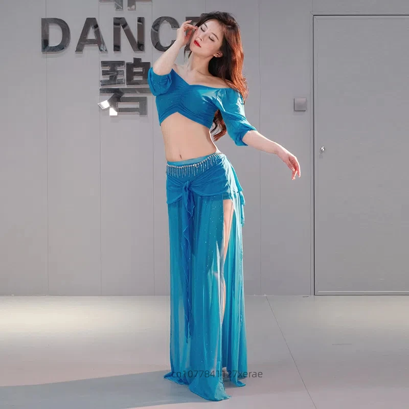 2025 新しいベリーダンス大きいサイズメッシュ練習ドレスセット、オリエンタルダンスパフォーマンスドレス、ステージパフォーマンス女性