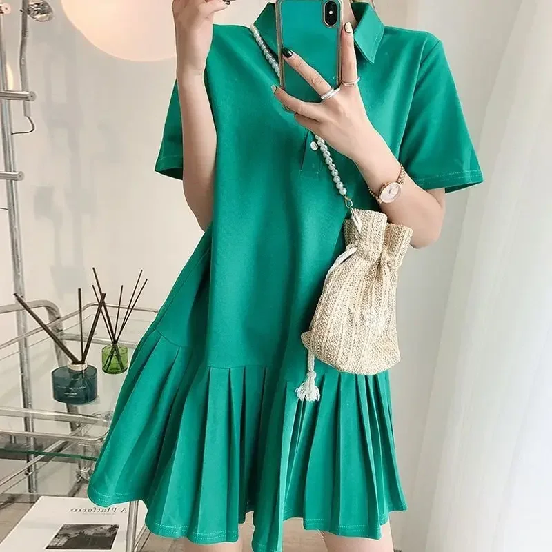 Summer New Loose Pleated Skirt Short Sleeve Polo Neck All-match Solid Color Plus Size Mini Dress Casual Women Clothing CY371