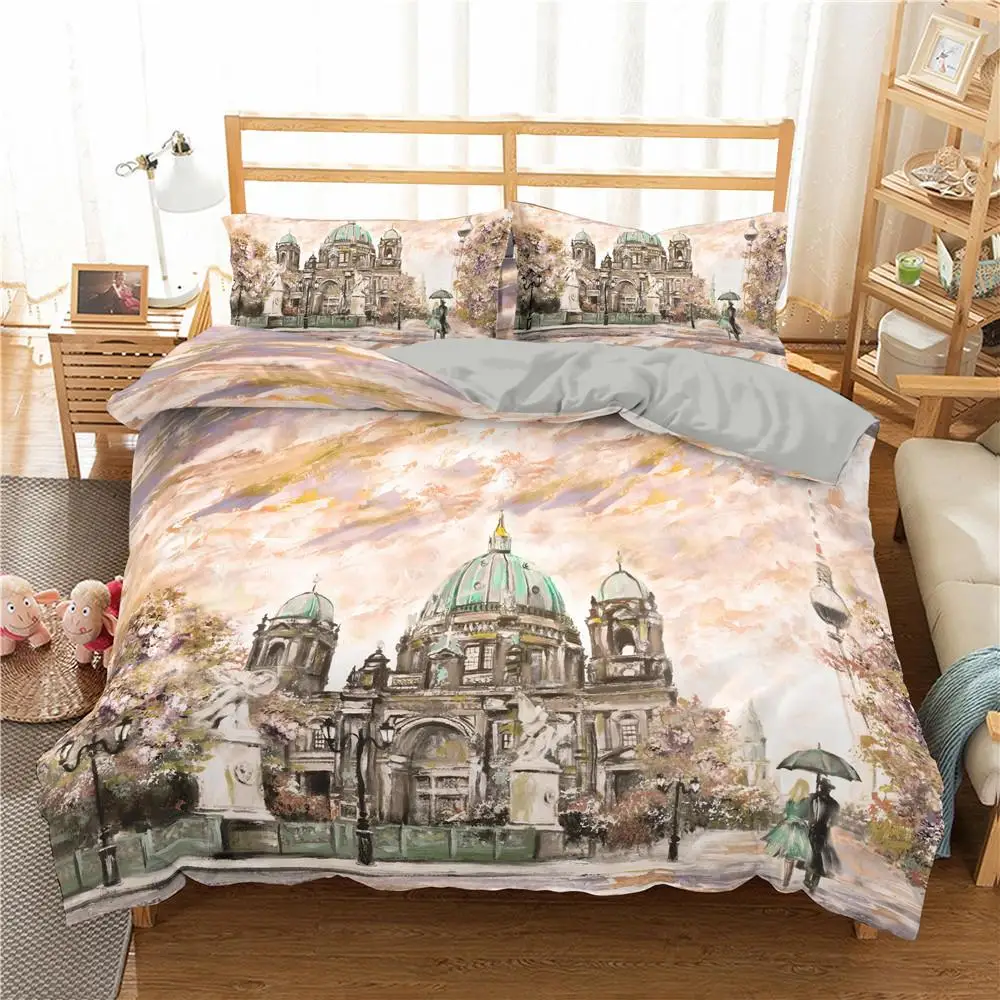 Paris Duvet Cover Set Microfiber Paris Tower Oil Painting Bedding Set Car City Landscape Pattern Quilt Cover Queen King Size