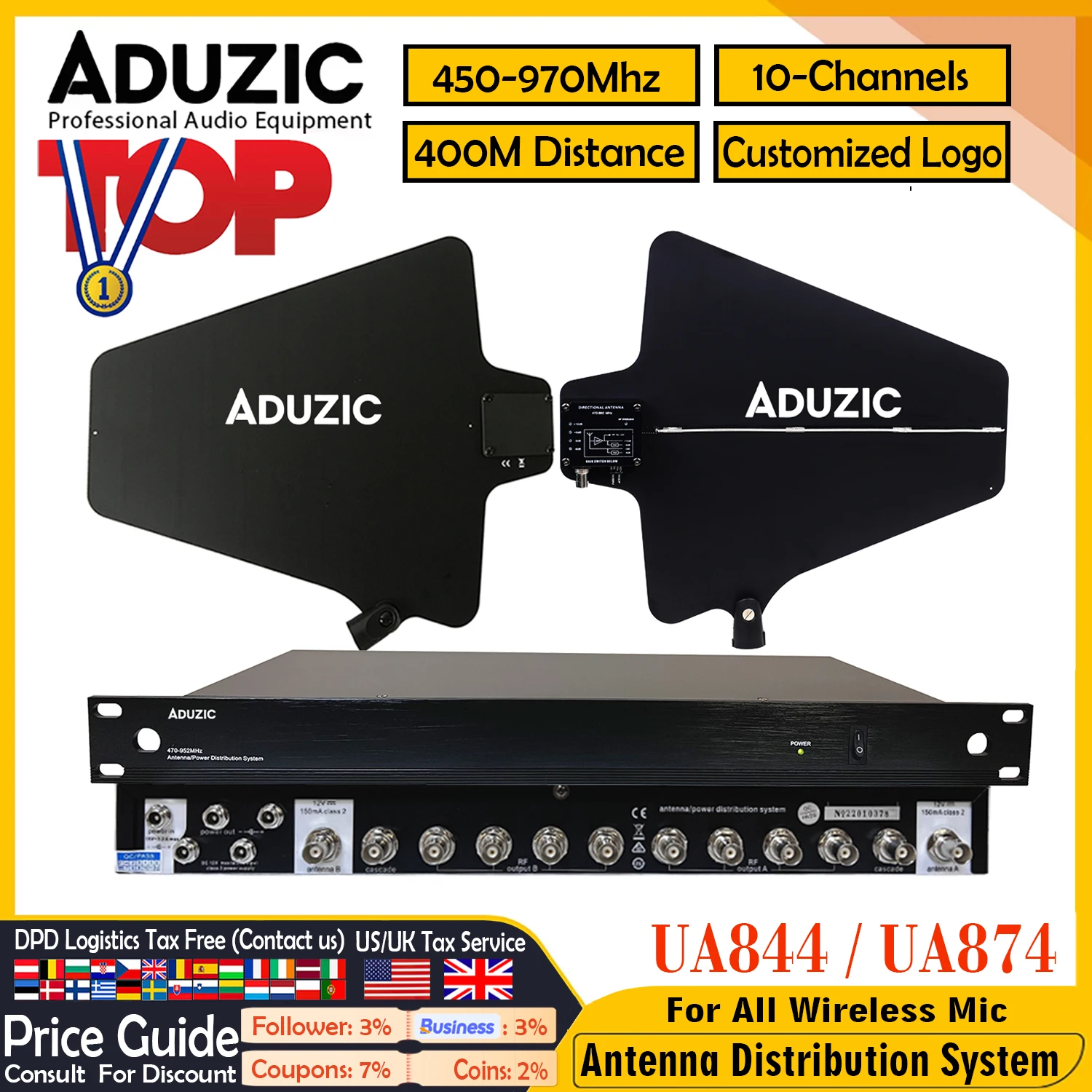 ADUZIC UA844 Signal Distributor UHF Antena RF Signal Splitter For All Wireless Mic 450-960MHZ Antenna Distribution System UA874