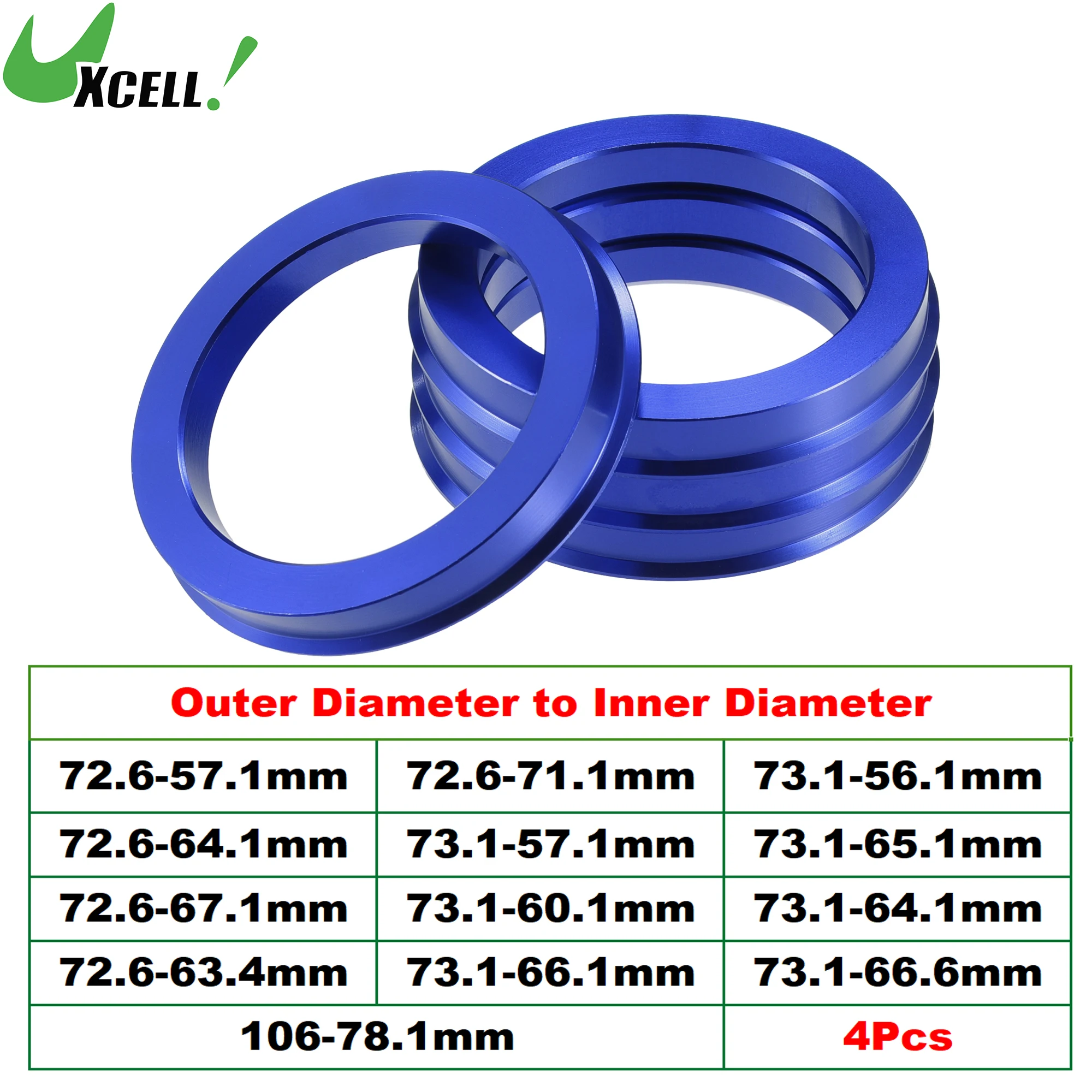 UXCELL 4pcs OD 72.6mm 73.1mm to ID 57.1mm 60.1mm 67.1mm 65.1mm Car Tire Centering Hub Centric Rings Wheel Bore Center Blue