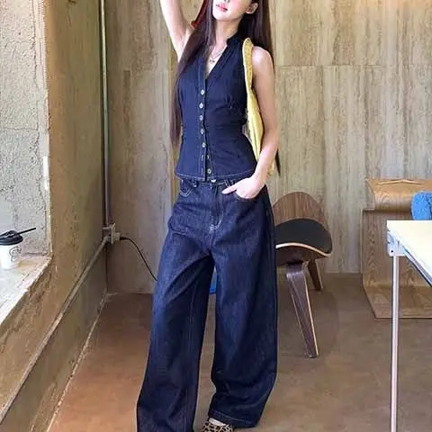 

Vintage Vintage Washed Set For Women's Summer Fashion, Niche Denim Halter Top Paired With Wide Leg Pants, Two-Piece Set
