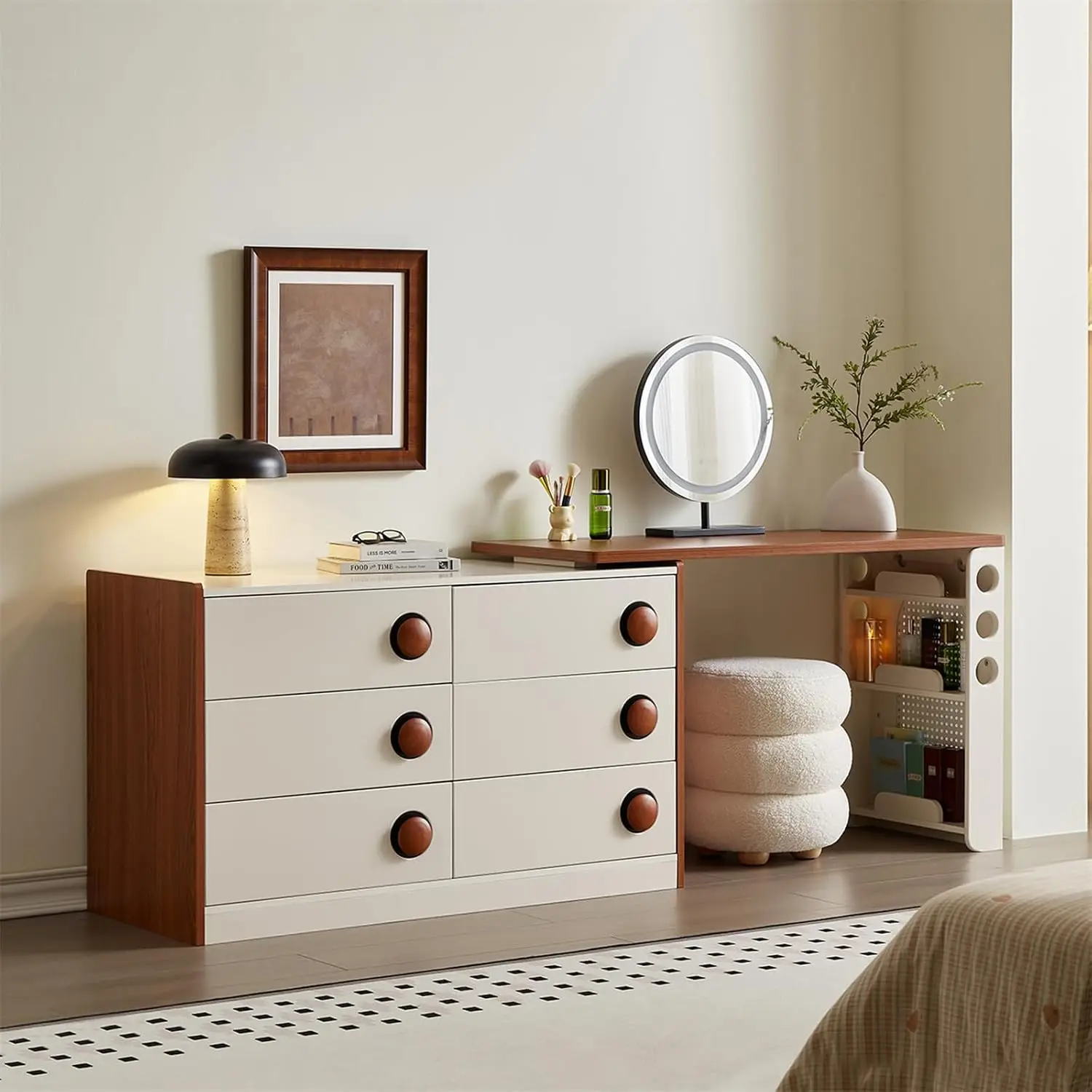 Expandable Vanity Desk 6 Drawers No Stool Mirror Adjustable 47