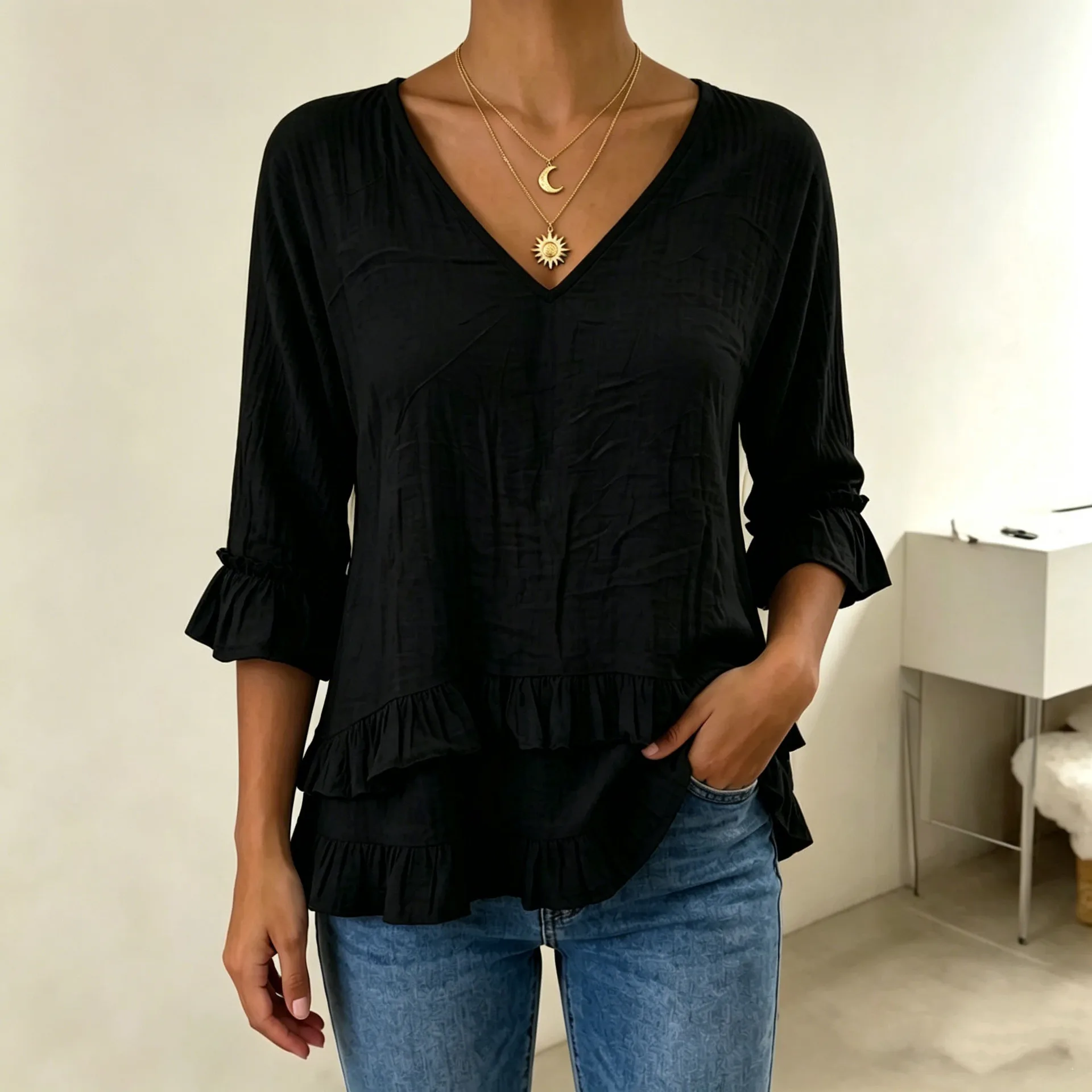 Women's V-Neck Loose Top, New Style with Three-Quarter Sleeves, Ruffled Cuffs, Irregular Layered Hem, Casual and Stylish Blouse