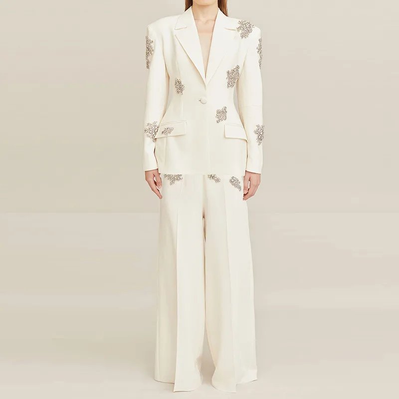 

2025 Fashion New Heavy Beaded Diamond One Button Suit Jacket Wide Leg Pants Suit Two Pieces Ensemble Femme 2 Pièces