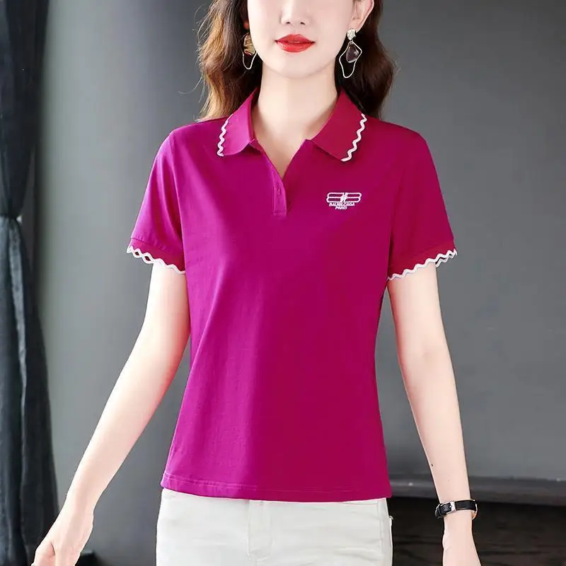 Middle-Aged Lapel Short Sleeve T-shirt Women\'s Summer New 100% Cotton Sports Leisure Polo Bottoming Shirt Golf Shirt Women