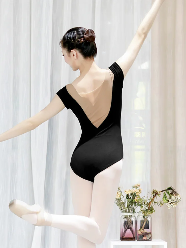 Elegante mesh patchwork romper met korte mouwen en ronde hals - Lichtgewicht balletdanskostuum voor toneelvoorstellingen
