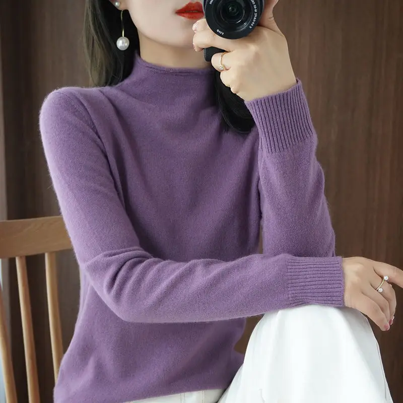 

2025 Autumn Winter Women Sweater Korean Fashion Warm Base Layer Tops Turtleneck Basic Knitwear Solid Long Sleeve Slim Pullovers