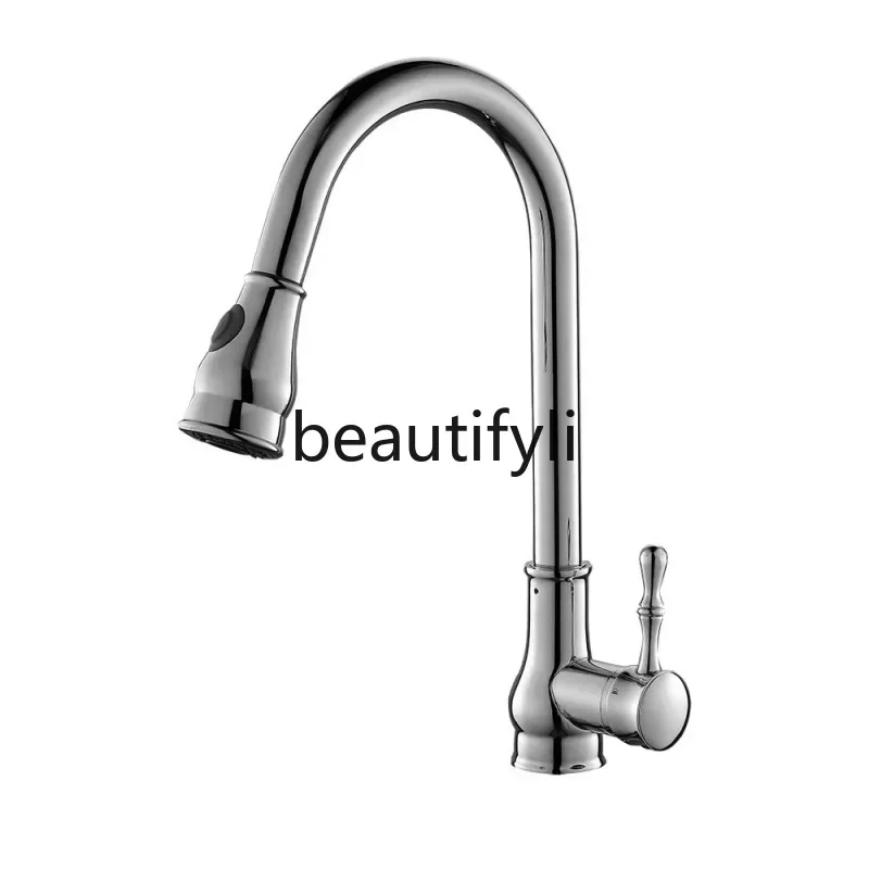 

Full copper gold kitchen pull-out faucet hot and cold vegetable basin dishwasher French retro retractable household faucet