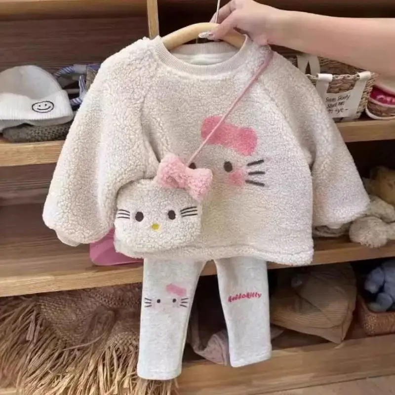 Hello Kittys Girl Autumn Winter Children\'s Clothing Kawaii Cartoon Suit New Style Child Velvet Thicken Two Piece Set Autumn