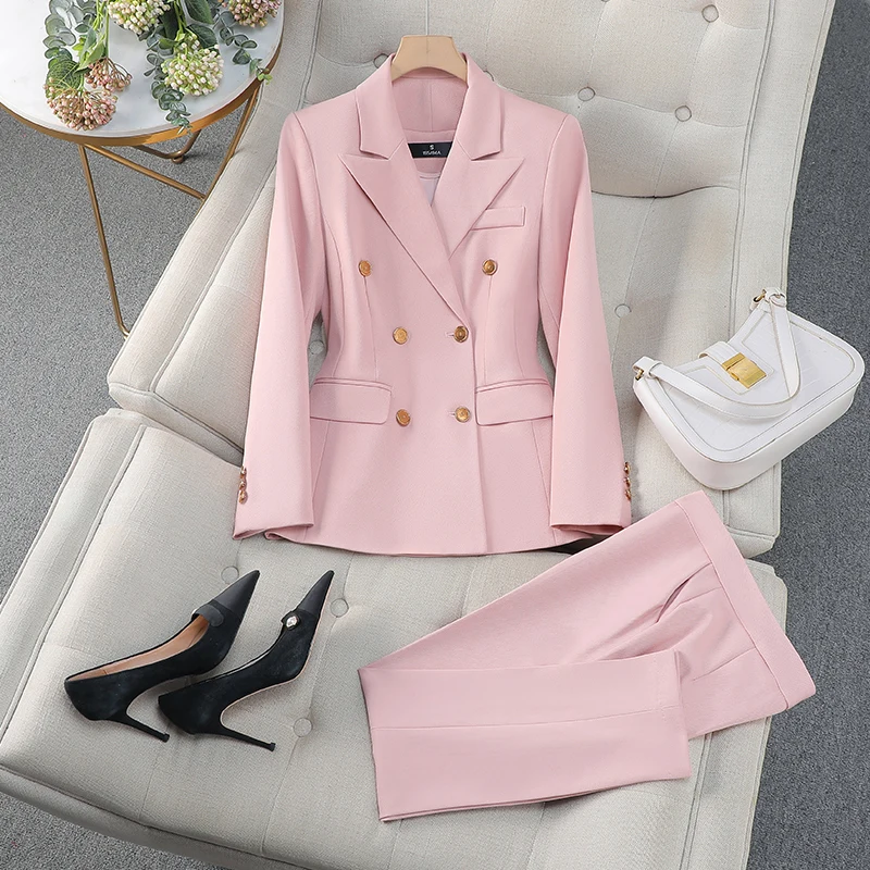 ZJYT Elegant Women\'s Blazer Pants Sets Autumn Fashion Double Breasted Jacket Trousers Suit Office Lady Work Outfit Matching Set