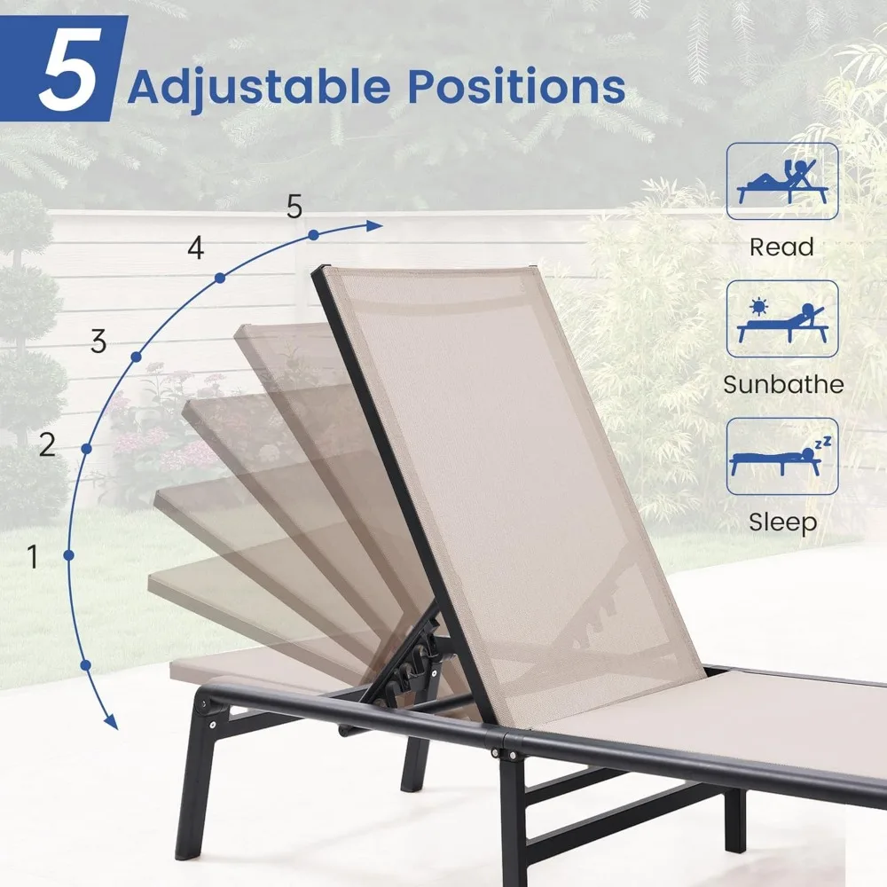 مجموعة كراسي استرخاء خارجية قابلة للطي من الألومنيوم مكونة من قطعتين، لا حاجة للتجميع، مسند ظهر قابل للتعديل بـ 5 أوضاع، خفيف الوزن ومحمول #6