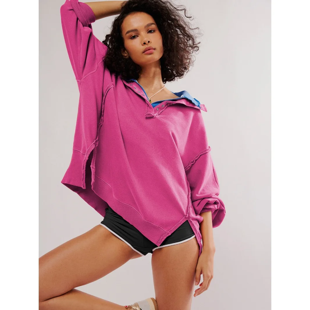 Y2k Harajuku Trend Oversized Sweatshirt Hoodie Design Women's High-Quality Lantern Sleeve Decorative Stripes Split Collar Loose