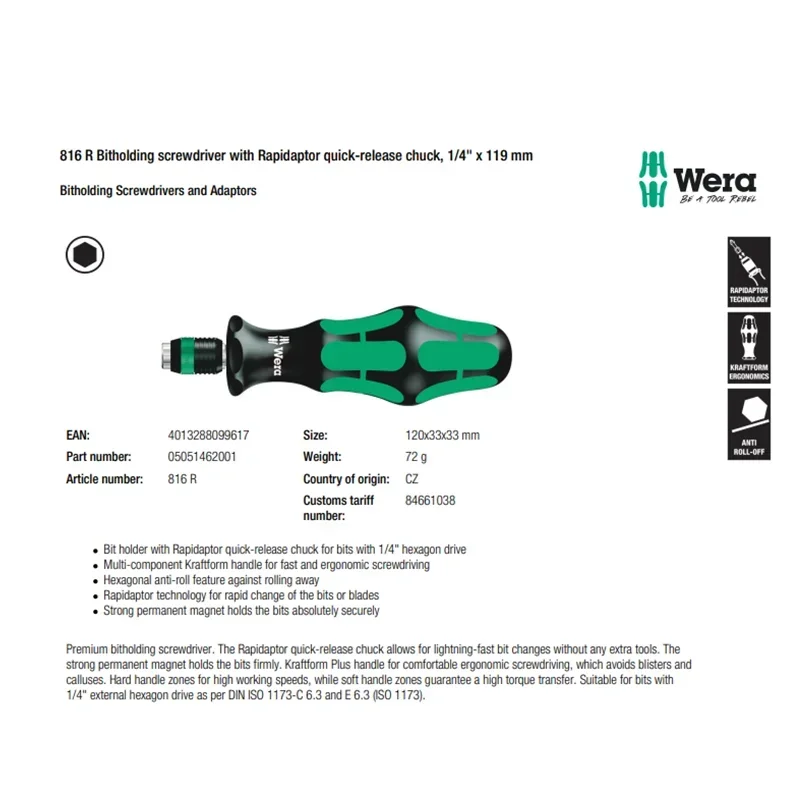 WERA 05051462001 816 R Bitholding Screwdriver with Rapidaptor Quick-release Chuck 1/4