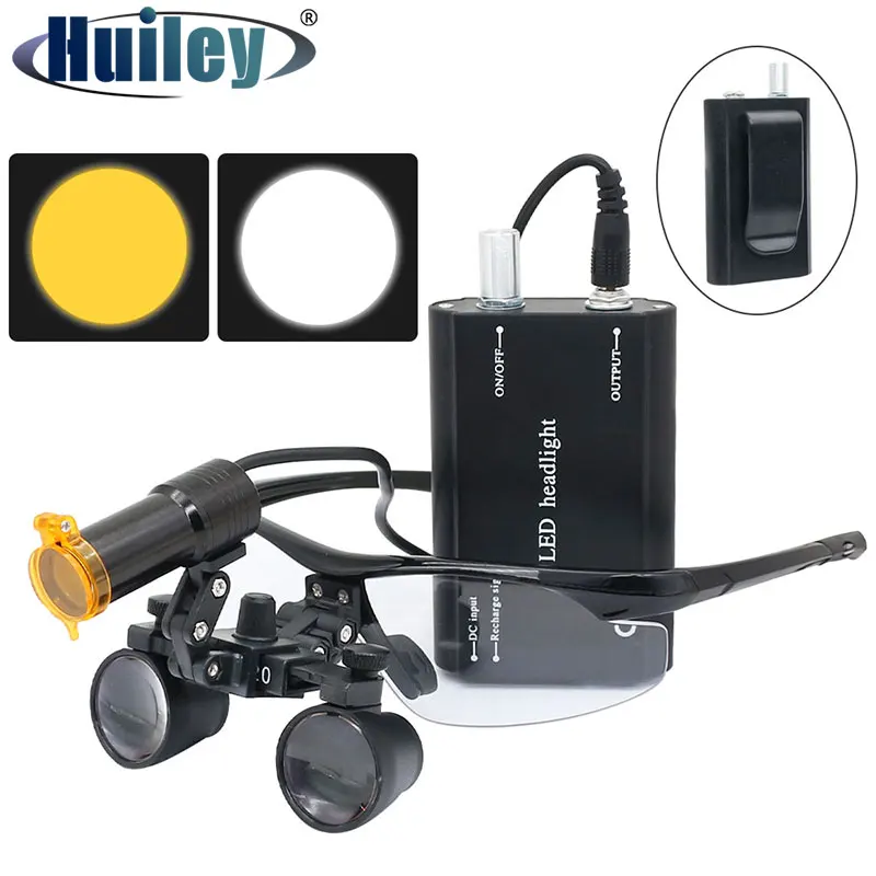 Dental Binocular Magnifier 2.5X 3.5X Dental Loupes with 5W Headlamp Battery Yellow Filter Optical Magnifying Glass Cloth Case