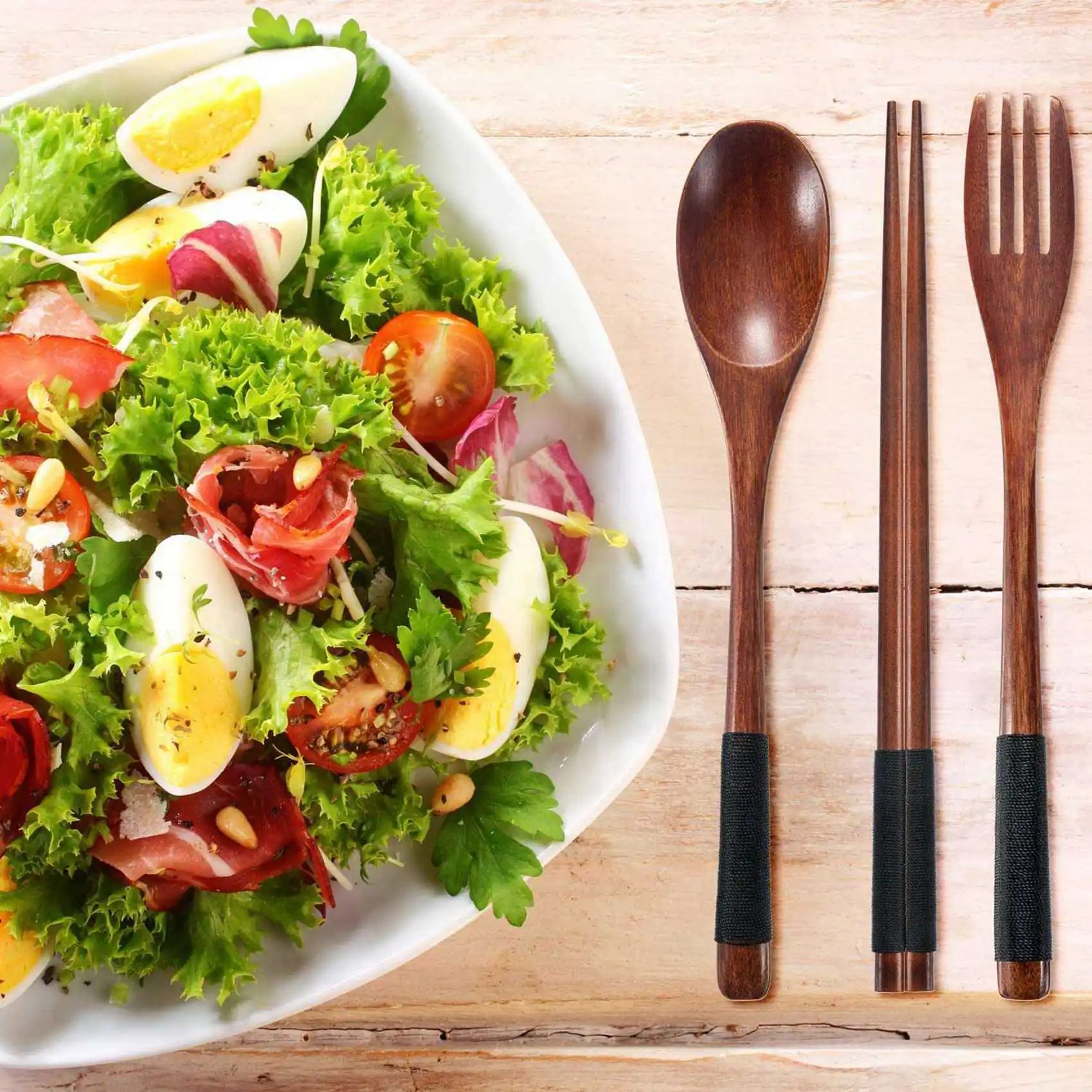 

L55A-8 Pcs 9 Inchjapanese Spoon Fork Set & 2 Set Wooden Flatware Tableware Cutlery Set, Wooden Fork Spoon Chopsticks