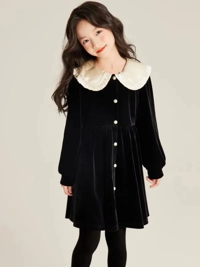 Girls Dress Autumn/Winter Children's Thick Velvet Long Sleeve Princess Dress High-end Fleece-lined Velvet Elegant Black Princes