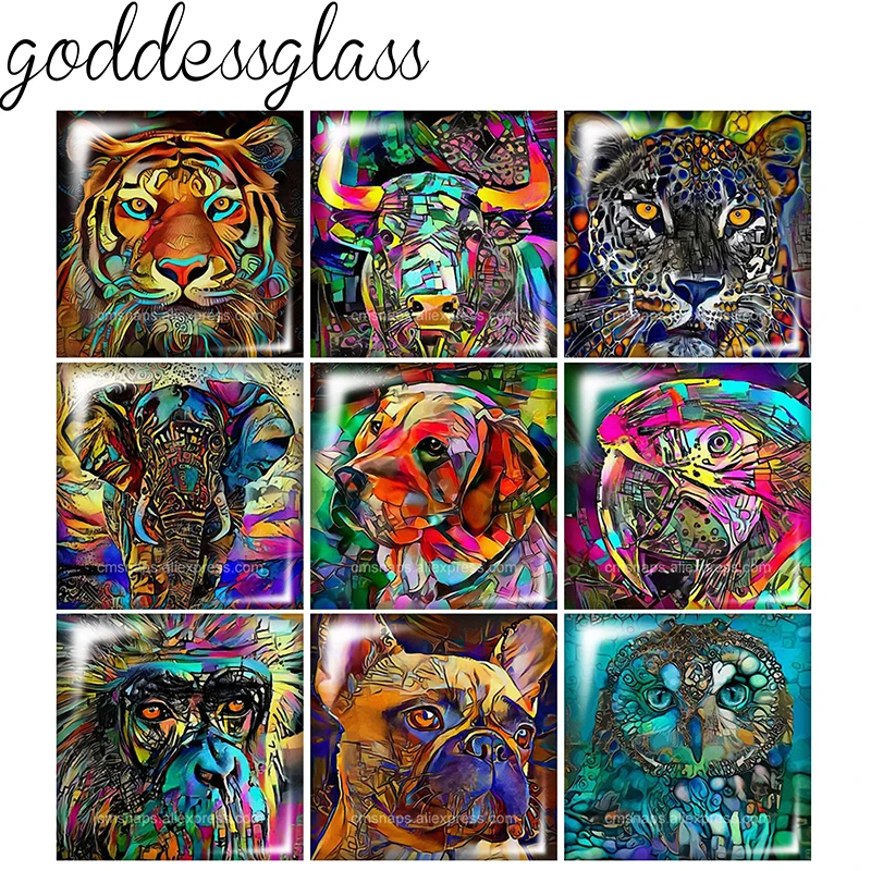 New Drawing Animals Tiger Lion Owl Cat Dog Square 10pcs Photo 12mm/20mm/25mm/30mm photo glass cabochon flat back Making findings