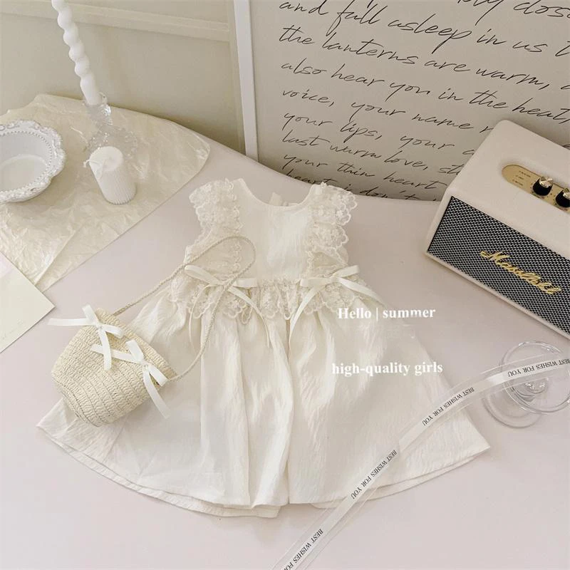 Summer Solid Lace Lace Lace Fly Sleeve Dress For Baby Kids Cute Bow Princess Dress For Kids Girl