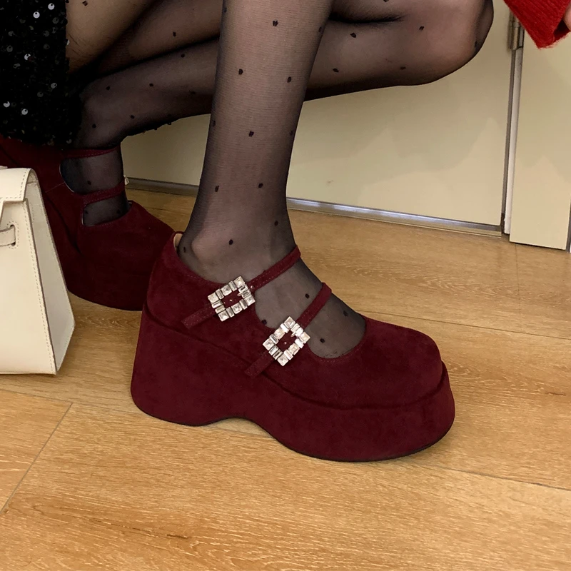 

2025 Spring Sheep Suede Platform Mary Jane Shoes Round Toe Crystal Belt Buckle Wedges Pumps Flat Platform Shoes