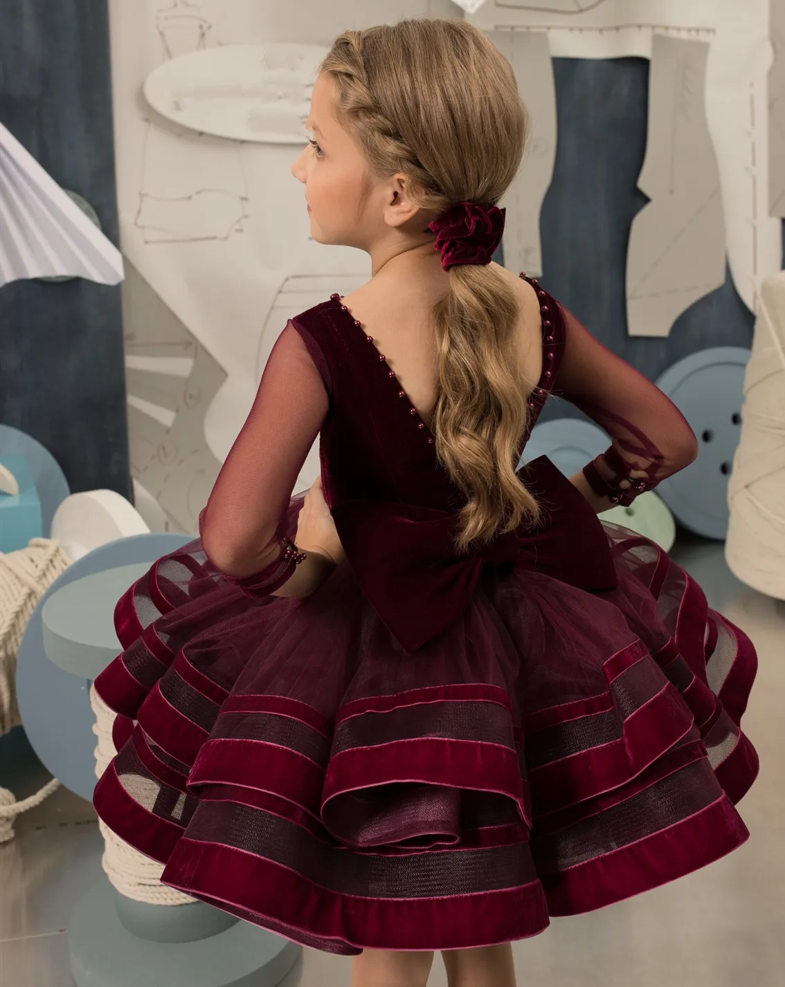 Burgundy Flower Girl Dress Elegant Ruffles 3/4 Sleeves Tulle Bow Wedding Birthday Party Gown Kid Pageant First Communion Wear