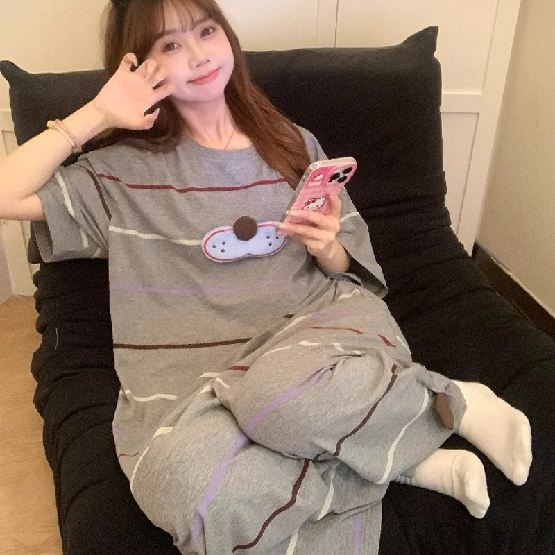 

Милые цельные пижамы женские, лето 2025, новинка ленивого ветра, свободные полосатые пижамы с героями мультфильмов, домашняя юбка для сна, которую можно носить на улице