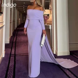 Indigo Prom Dress Mermaid Off The Shoulder Long Sleeve Floor-Length Elegant Crepe Evening Gown For Women Sweep Train Customized