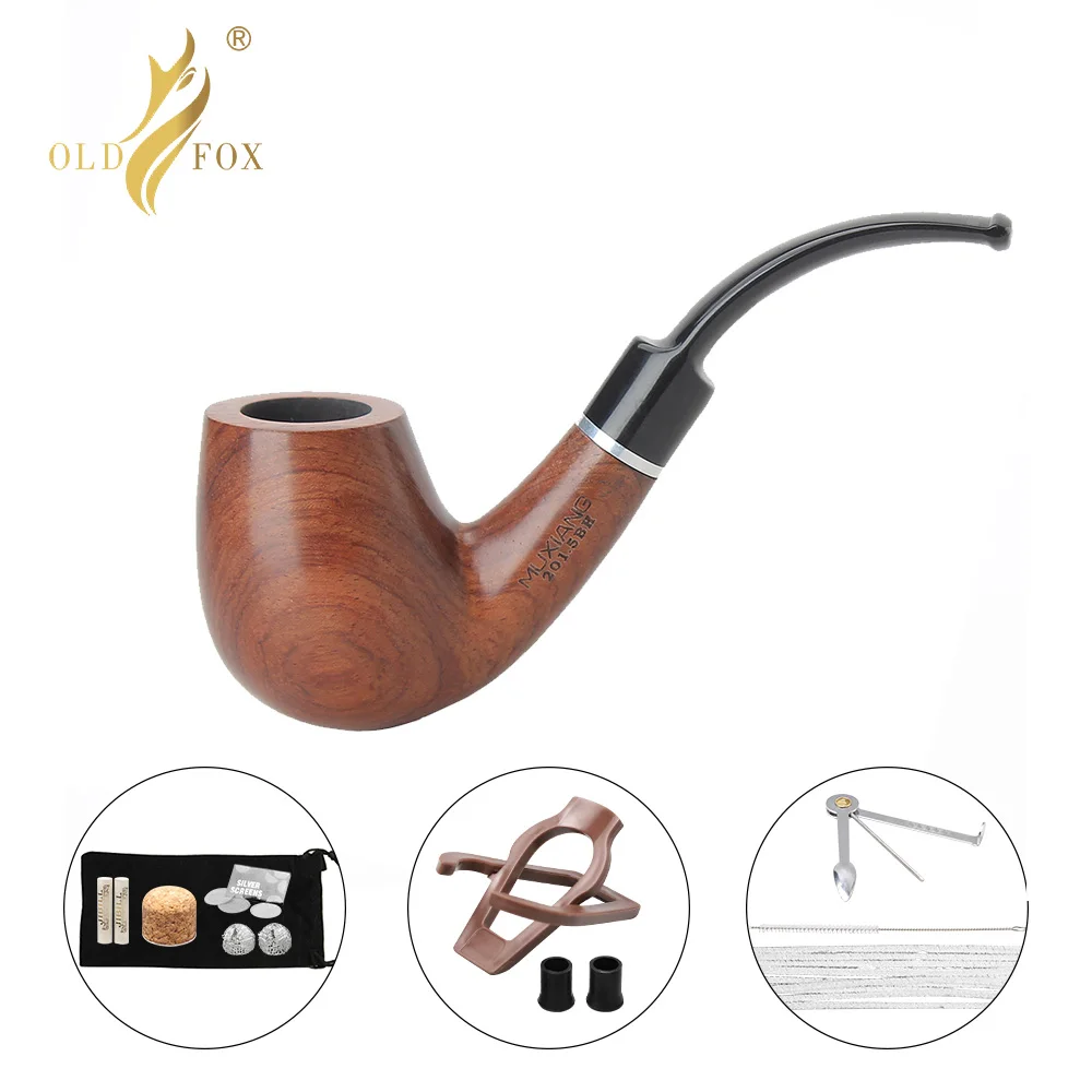 Old Fox Rosewood Tobacco Bent Pipe Set Accessories 9MM Activated Carbon Paper Filter Sandalwood Smoking Pipe With 10 Tools Kits