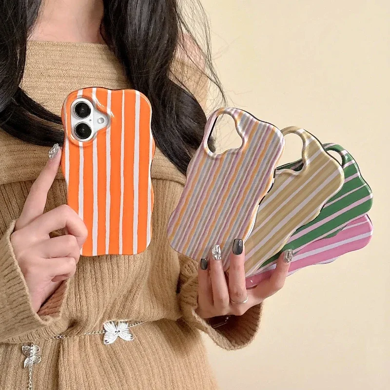 스플라이싱 컬러 줄무늬 2 in 1 TPU + PC 하드 폰 케이스 for IPhone 12 13 14 15 16 Pro Max Wave Edges 편안한 터치 슬림 커버