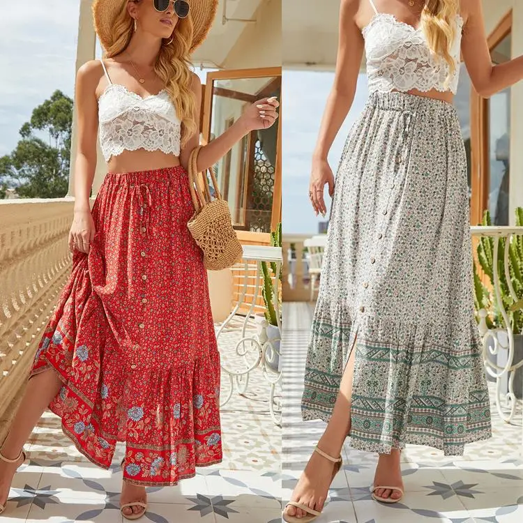 Summer and Autumn Leisure Travel Simple Commuting Thin Design High Waisted Printed Split Half Skirt for Women