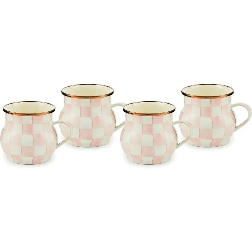 Taza Esmaltada, Linda Taza de Esmalte para Café y Té, Vajilla Única, 16 Onzas, Diseño a Cuadros Rosa y Blanco, Juego de 4