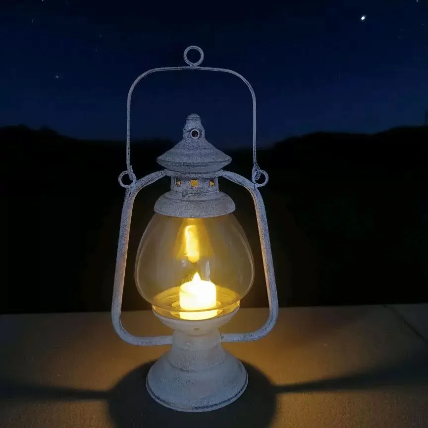 Vintage Iron Candle Holder Lantern with Glass Globe, Decorative LED Flameless Candle Light,Rustic Style Hurricane Lamp,10x6.3In