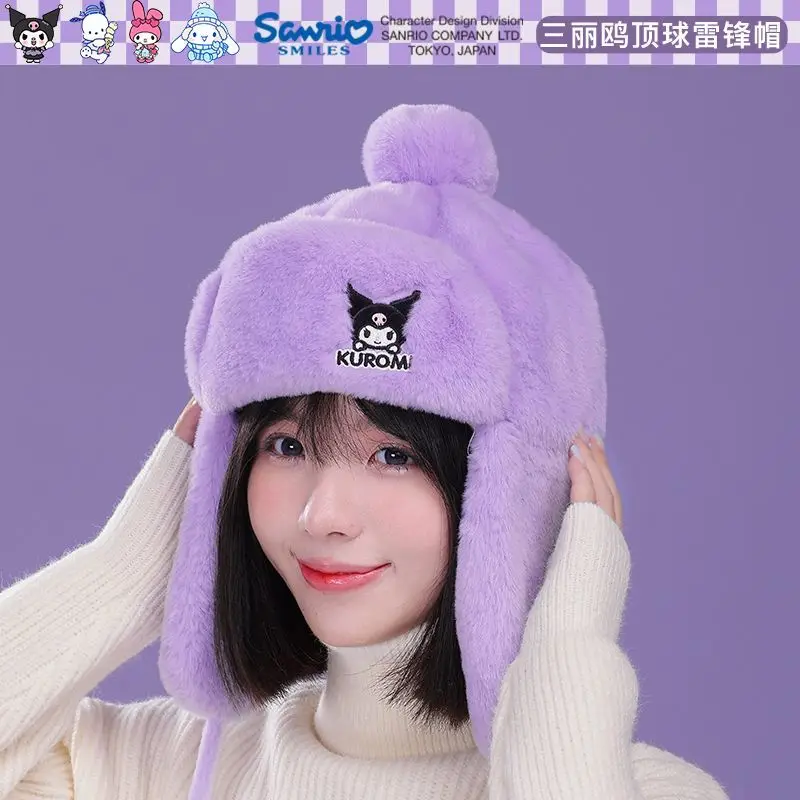 

Sanrios Cartoon Cinnamoroll Winter Plush Hat Anime Kuromi My Melody Kawaii Cute Girl Warm Thickened Ear Protection Hat Gift