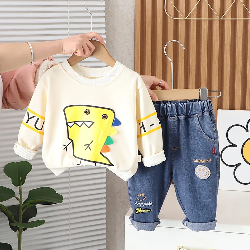 

2024 New Spring Baby Boy Clothes 1 to 5 Years Causal Cartoon O-neck Pullover Long Sleeev T-shirts and Pants Kids Boys Outfit Set