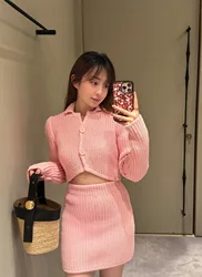 Cashmere Cardigan For Women 2024 Autumn New Knitted Two Pieces Set Long Sleeve Tops Sweater Short Coat And Elastic Skirt F844