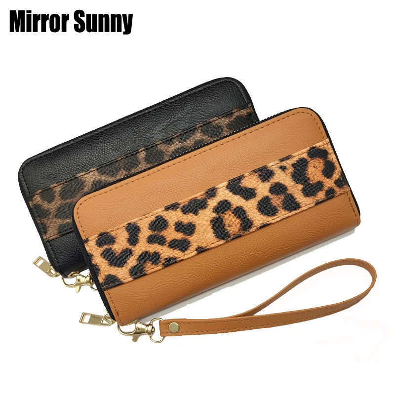 New Women's Long Wallet Fashion Personality Leopard Patched Zipper Purse Multi-card Clutch Wristband Wallet Handy Bag