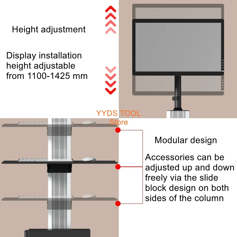 

Adjustable floor stand, rotating, no-drill universal hanging bracket, movable monitor floor cart