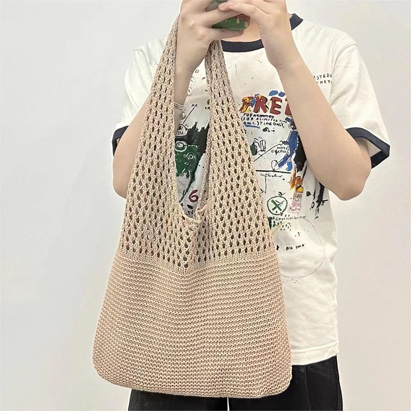 Designer Knitted High-capacity Women\'s Summer Beach Bag Casual Hollow Woven Shoulder Bag