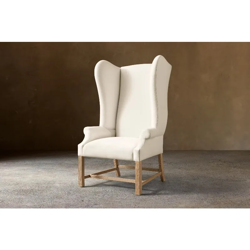 *Classic High Wingback Upholstered Armchair Natural Oak Wood Frame Linen Fabric Accent Lounge Chair for Living Room Villa