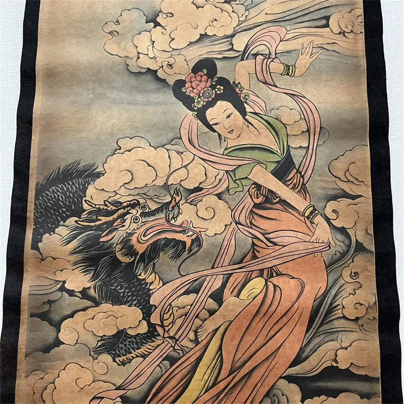 Chinese Old Paper Calligraphy Paintings Scrolls Wall Art Dragon Maiden Painting Calligraphy Decorative Scroll for Hanging