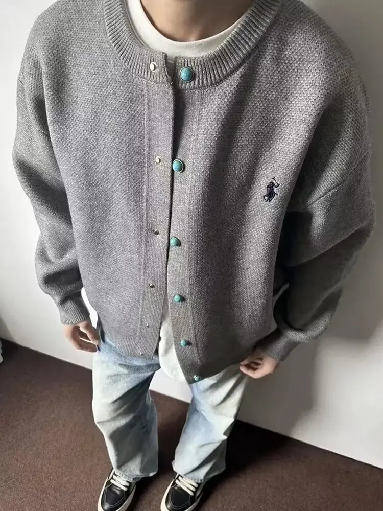 

Открытый кардиган с вышивкой, мужской повседневный вязаный топ для пар, зимний свитер обычного кроя, длинный светящийся круглый Ne