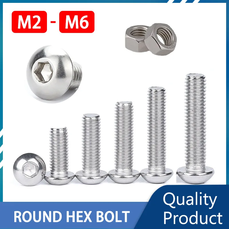 Juego de tornillos y tuercas de M5 de acero inoxidable, cabeza de botón redonda, Perno Allen hexagonal M2, M2.5, M3, M4, rosca métrica