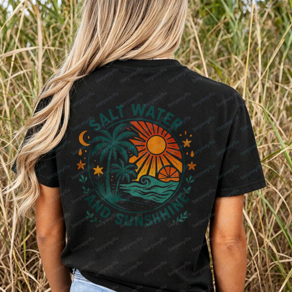Salt Water and Sunshine T-Shirt Women Retro Palm Tree Sun Wave Graphic Casual Short Sleeve Cotton Summer Beach Vacation Shirts