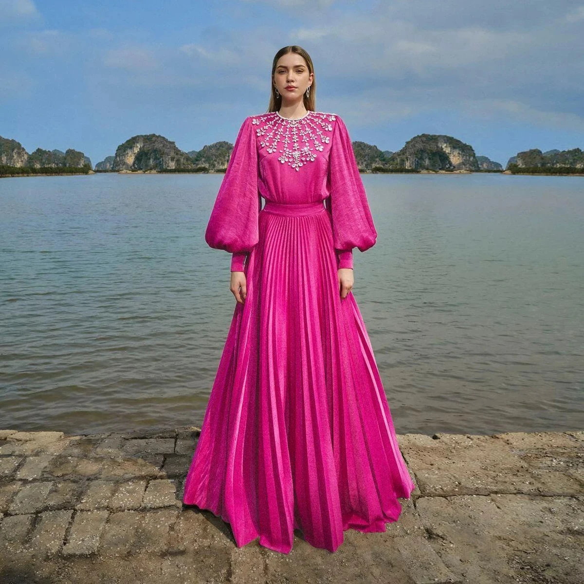 Fuchsia Prom Gowns Puff Sleeves Gorgeous Women Dress Party Wear Crystals Long Prom Gown Pleated Beading Maxi Dress Custom