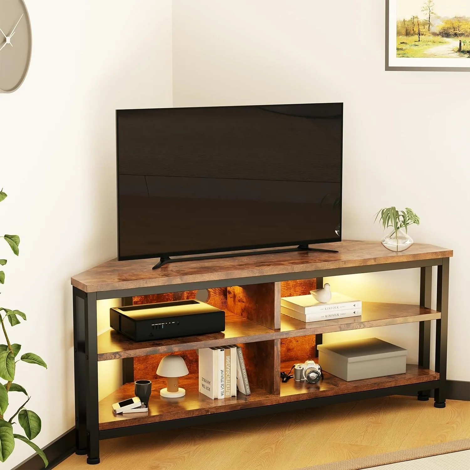 TV Stand Cabinet with LED Lighting, Corner Cabinet TV Unit for up to 50 Inch TV with Open Gaming Entertainment Center Shelves