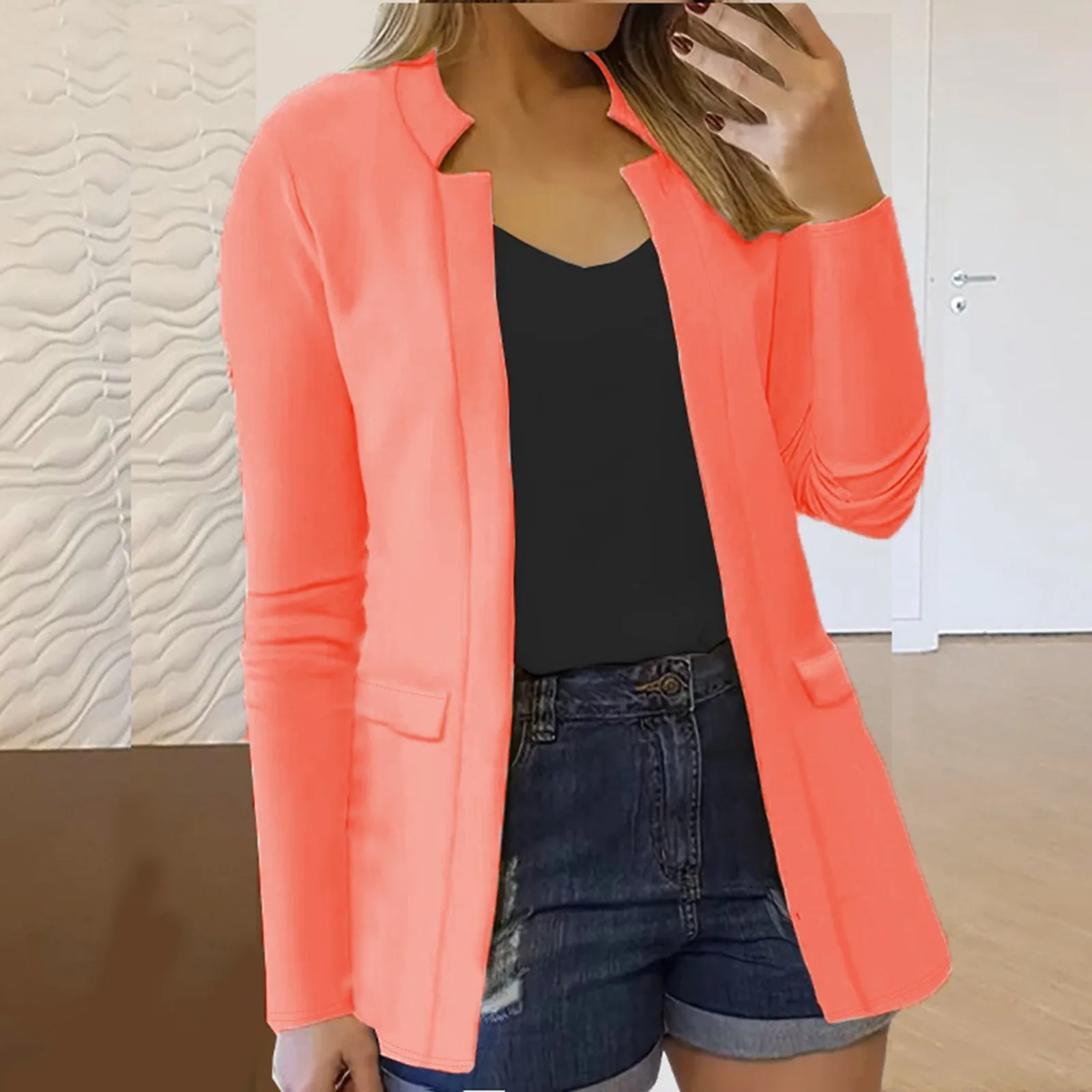 Women\'s Fashion Small Suit Casual Career Pocket Cardigan Coat Solid Elegant Spring Trendy Slim Business Office Casual Women Coat