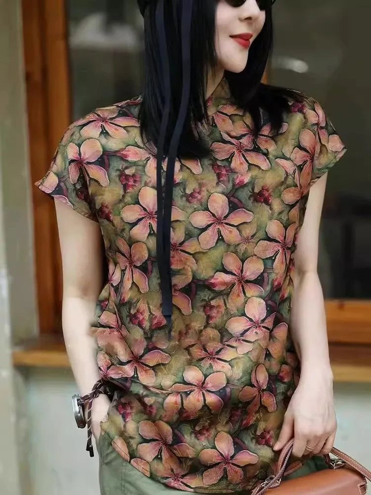 Nouveau chinois Sle jeune rétro Tang costume irt Ladylike coupe ample ort Sve col montant imprimé fleuri été 2025 haut tendance