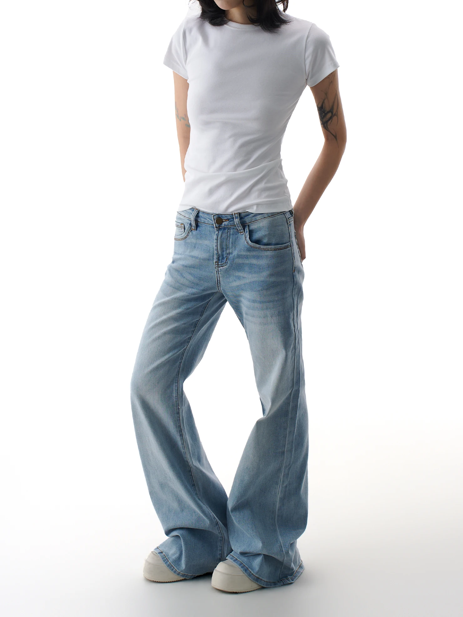 

American Sle Low Waist Bell Bot Jeans Women's Classic Slimming Casual Long Pants Spring New Arrival Blue Cotton Denim